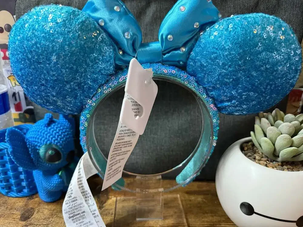 NWT Disney Parks Aqua Blue Sequin Ear Headband with Gemstone Bow